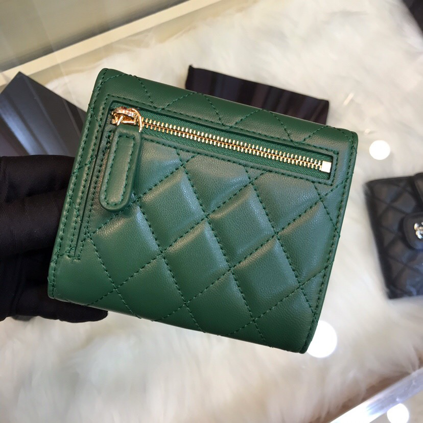 Ch**el Calfskin Leather Plain Folding Green Wallets