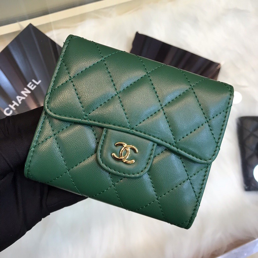 Ch**el Calfskin Leather Plain Folding Green Wallets