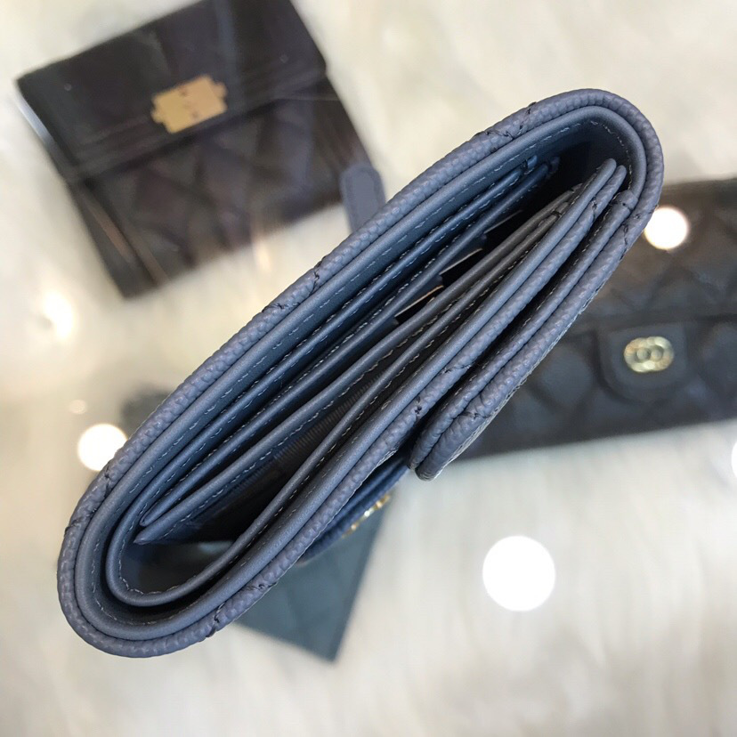 Ch**el Calfskin Leather Plain Folding Blue Wallets