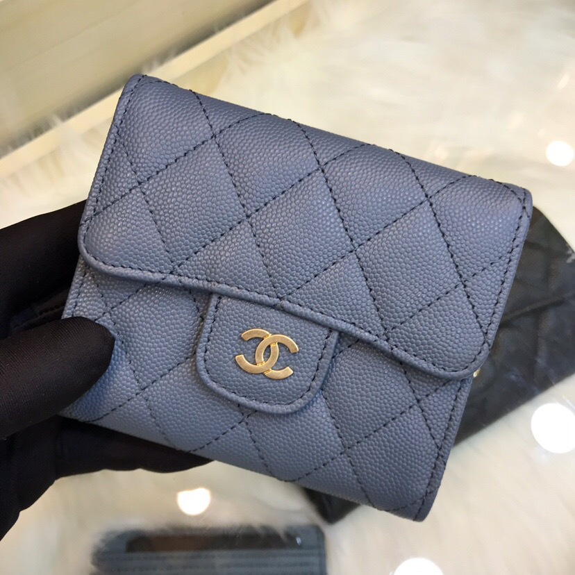 Ch**el Calfskin Leather Plain Folding Blue Wallets