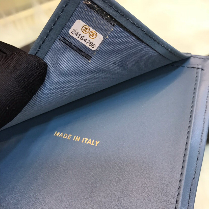 Ch**el Calfskin Leather Plain Folding Blue Wallets