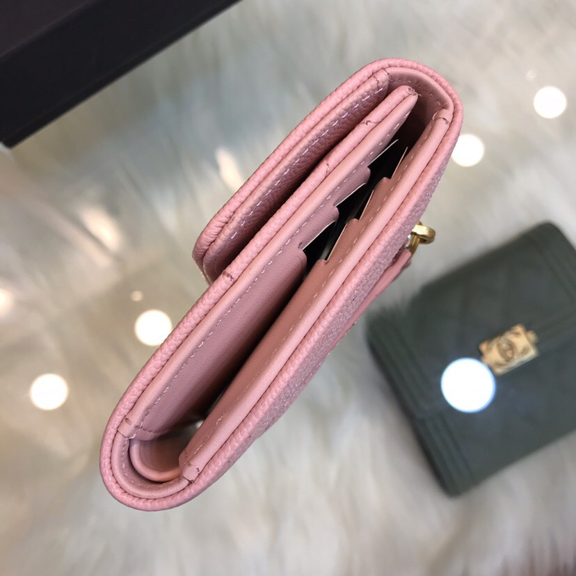 Ch**el Lebay Calfskin Leather Plain Folding Pink Wallets