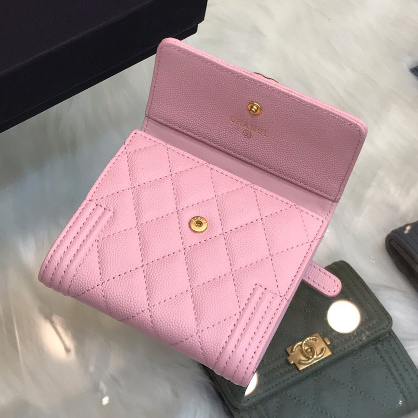 Ch**el Lebay Calfskin Leather Plain Folding Pink Wallets
