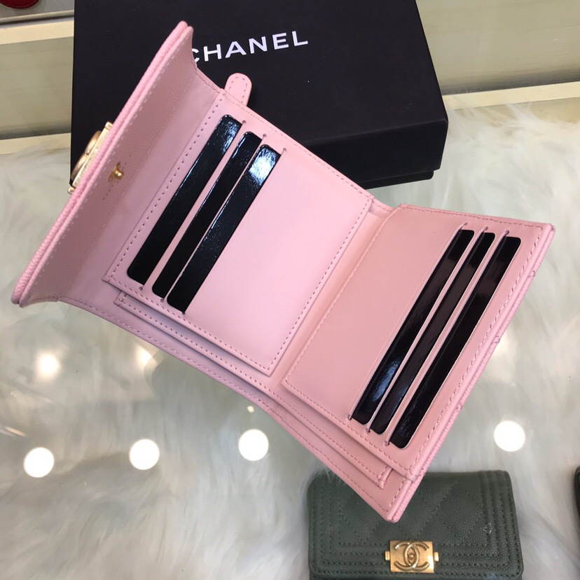 Ch**el Lebay Calfskin Leather Plain Folding Pink Wallets