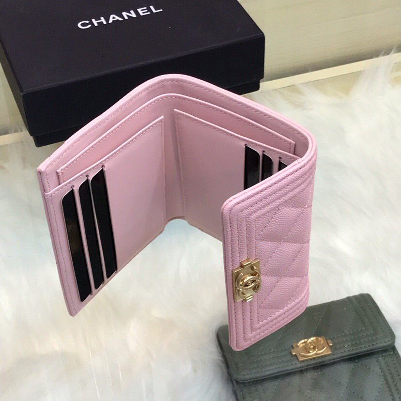 Ch**el Lebay Calfskin Leather Plain Folding Pink Wallets