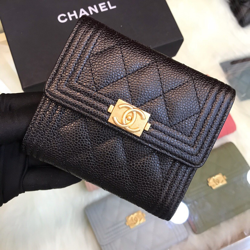 Ch**el Lebay Calfskin Leather Plain Folding Black Wallets
