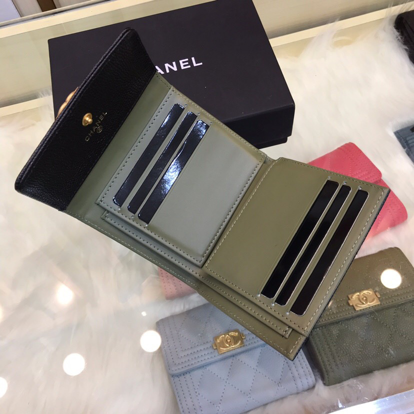 Ch**el Lebay Calfskin Leather Plain Folding Black Wallets