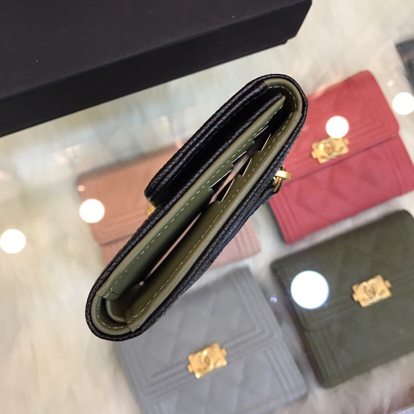 Ch**el Lebay Calfskin Leather Plain Folding Black Wallets