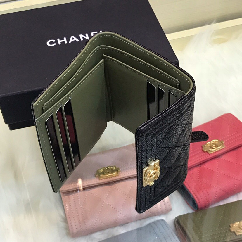 Ch**el Lebay Calfskin Leather Plain Folding Black Wallets