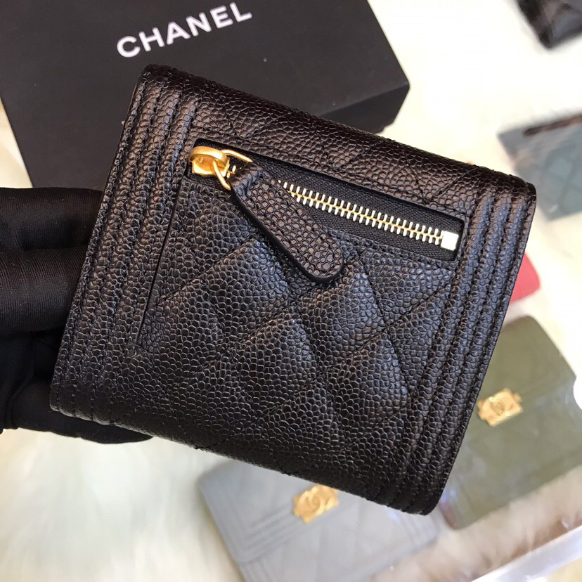 Ch**el Lebay Calfskin Leather Plain Folding Black Wallets