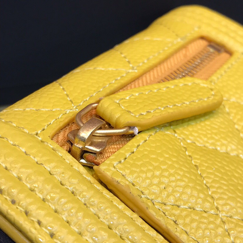 Ch**el Lebay Calfskin Leather Plain Folding Yellow Wallets