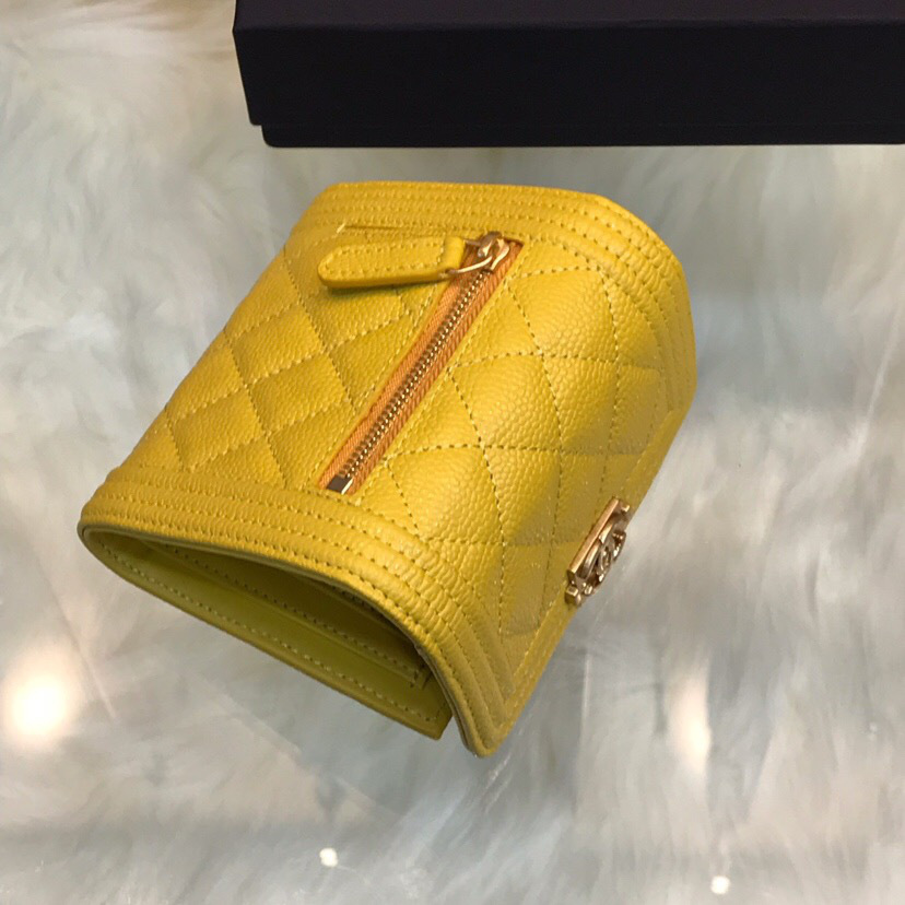 Ch**el Lebay Calfskin Leather Plain Folding Yellow Wallets