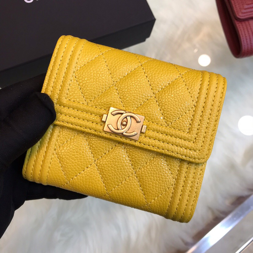 Ch**el Lebay Calfskin Leather Plain Folding Yellow Wallets
