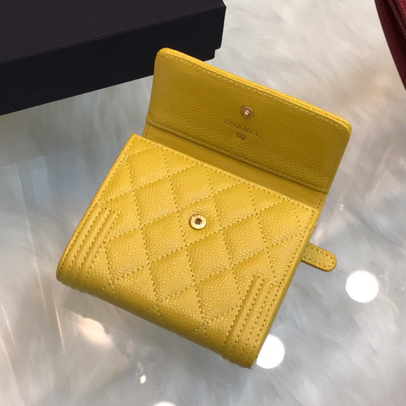 Ch**el Lebay Calfskin Leather Plain Folding Yellow Wallets