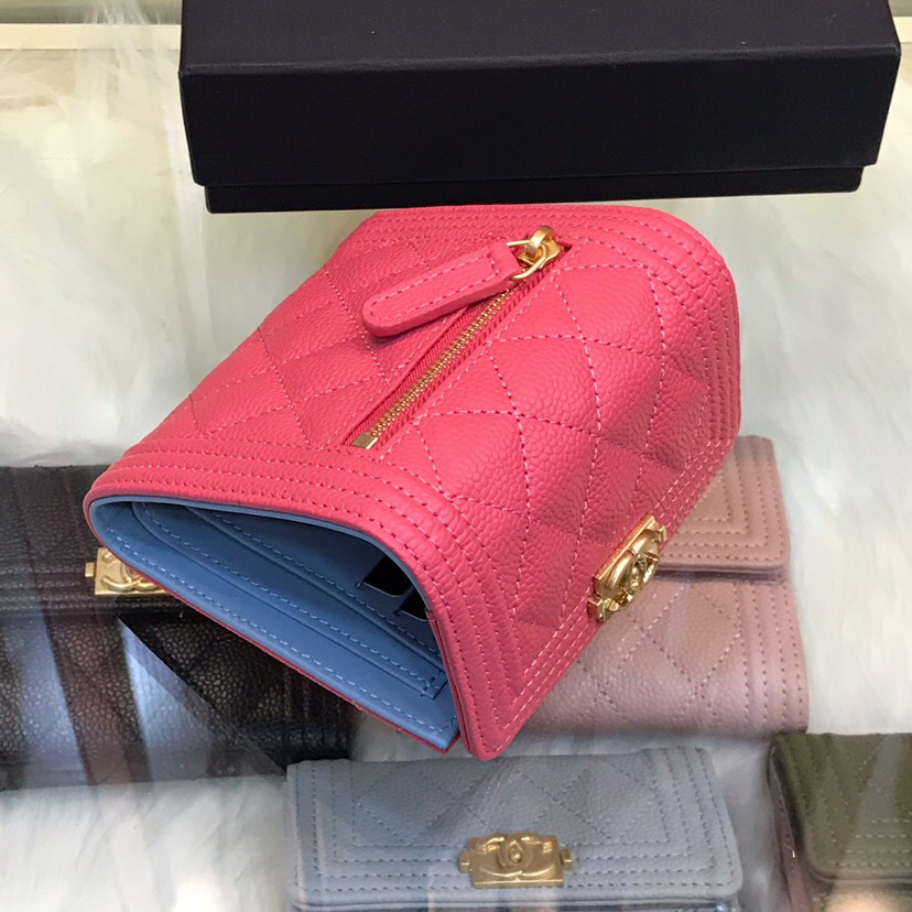 Ch**el Lebay Calfskin Leather Plain Folding Rose Red Wallets