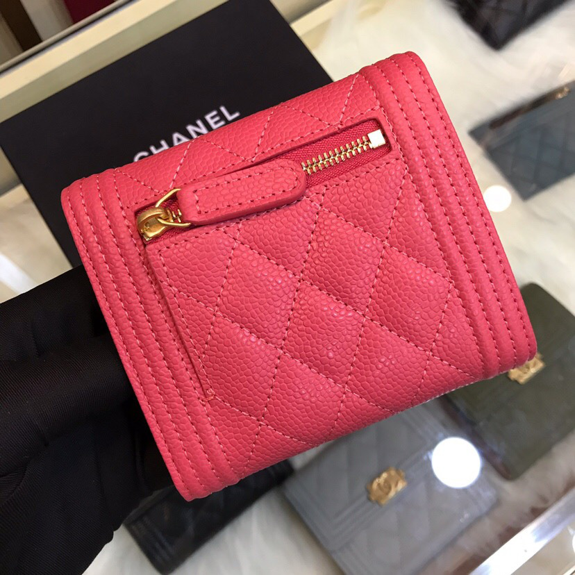 Ch**el Lebay Calfskin Leather Plain Folding Rose Red Wallets