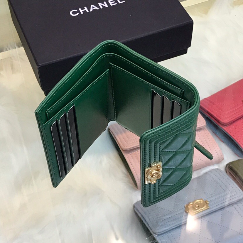 Ch**el Lebay Calfskin Leather Plain Folding Green Wallets