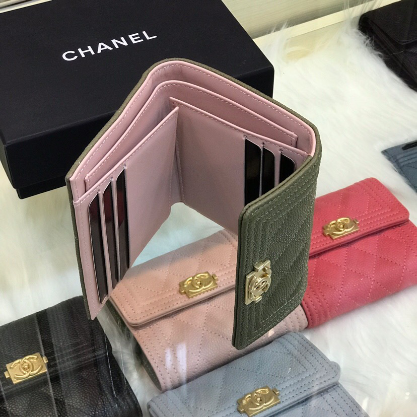 Ch**el Lebay Calfskin Leather Plain Folding Wallets