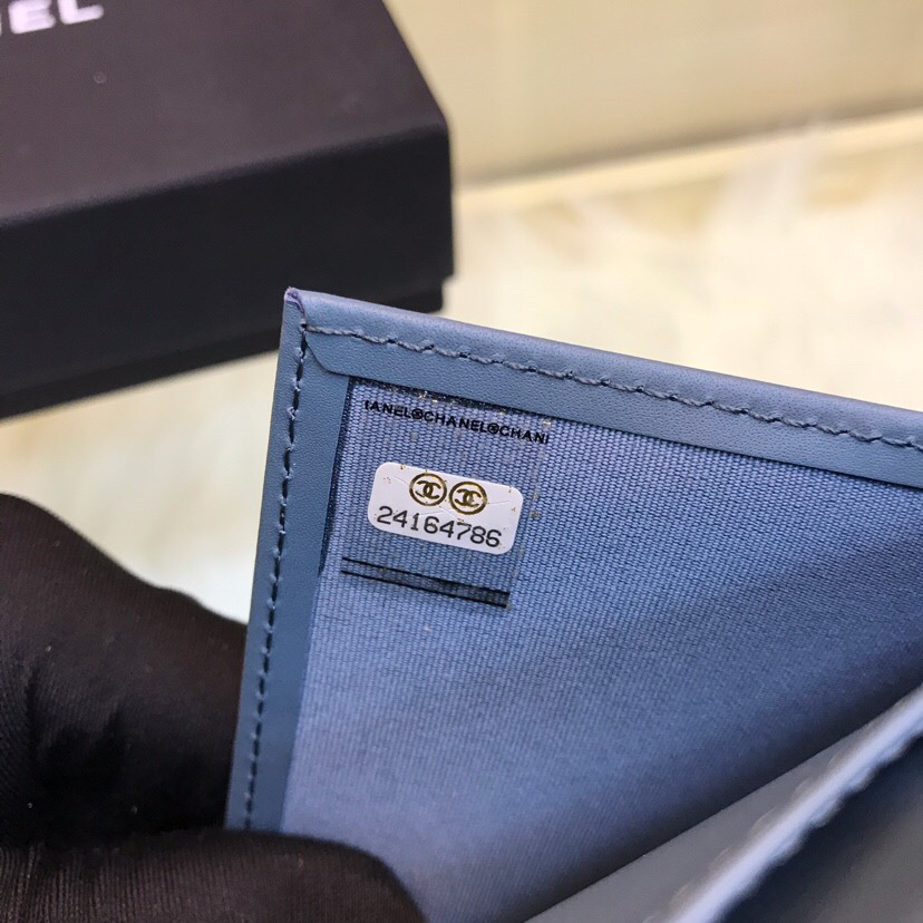 Ch**el Lebay Calfskin Leather Plain Folding Light Blue Wallets