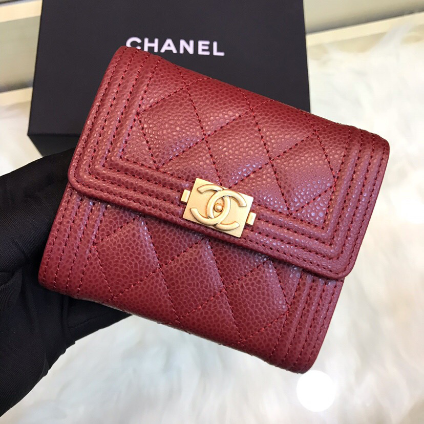 Ch**el Lebay Calfskin Leather Plain Folding Red Wallets