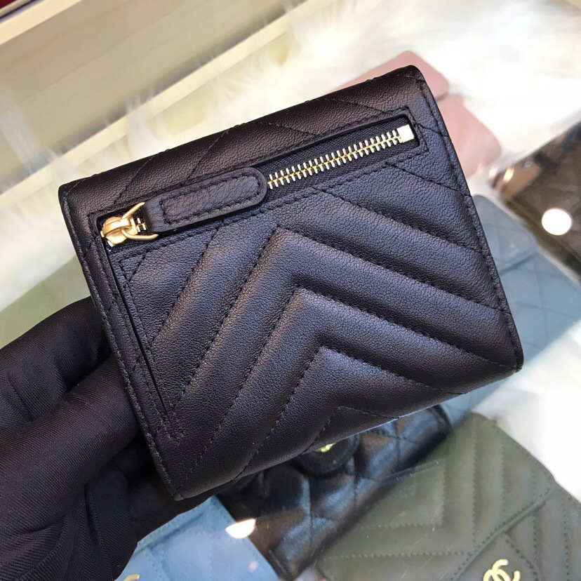 Ch**el Calfskin Leather Plain Folding Black Wallets
