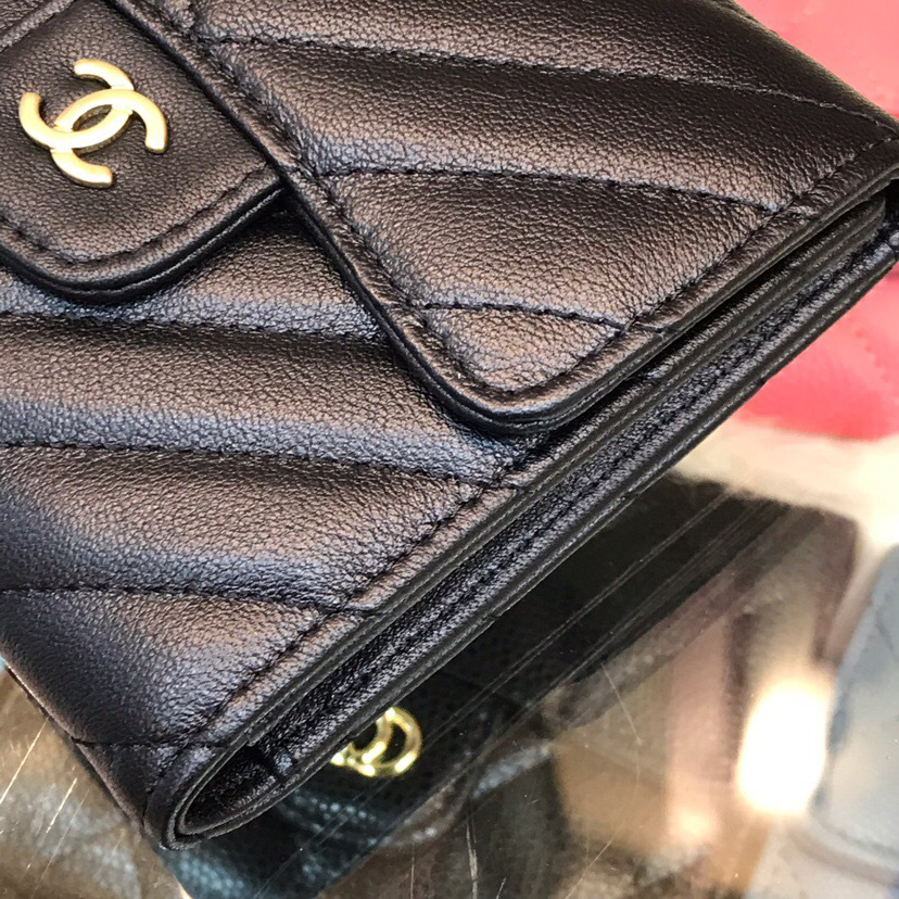 Ch**el Calfskin Leather Plain Folding Black Wallets