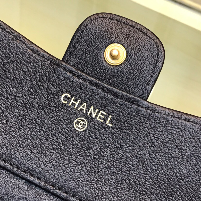 Ch**el Calfskin Leather Plain Folding Black Wallets