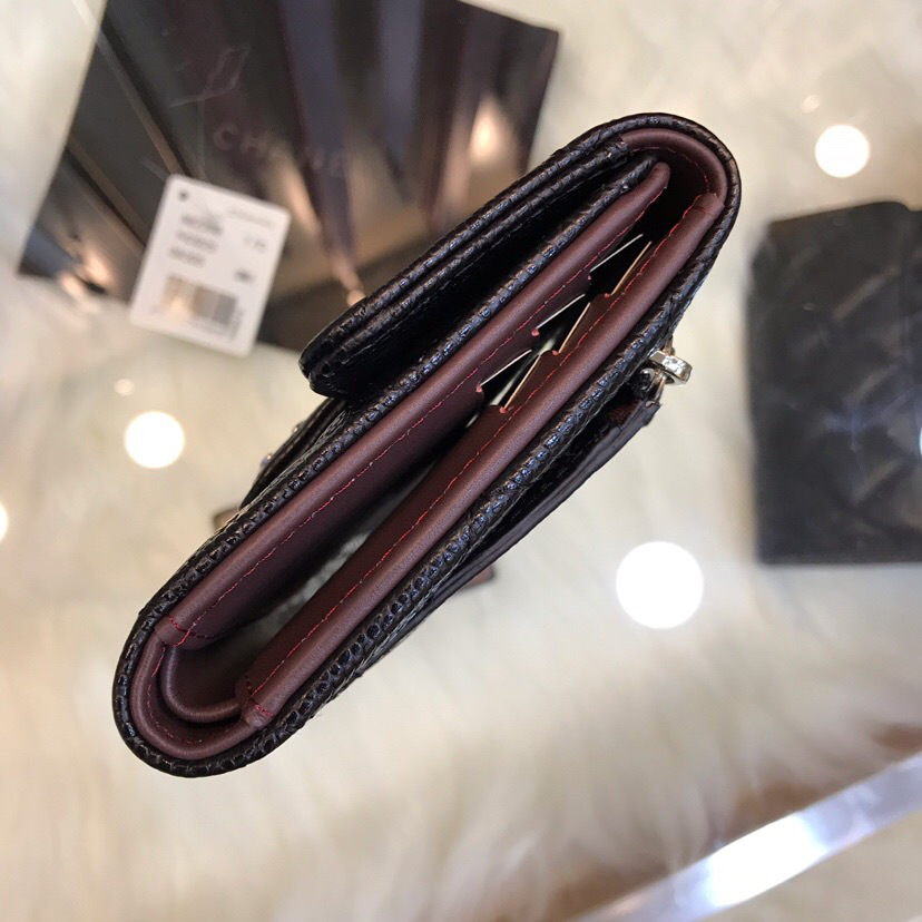 Ch**el Calfskin Leather Plain Folding Black Wallets with Silver Hardware