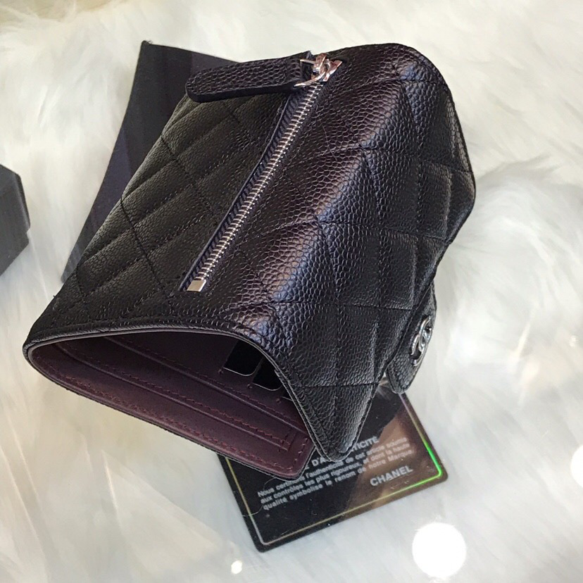 Ch**el Calfskin Leather Plain Folding Black Wallets with Silver Hardware