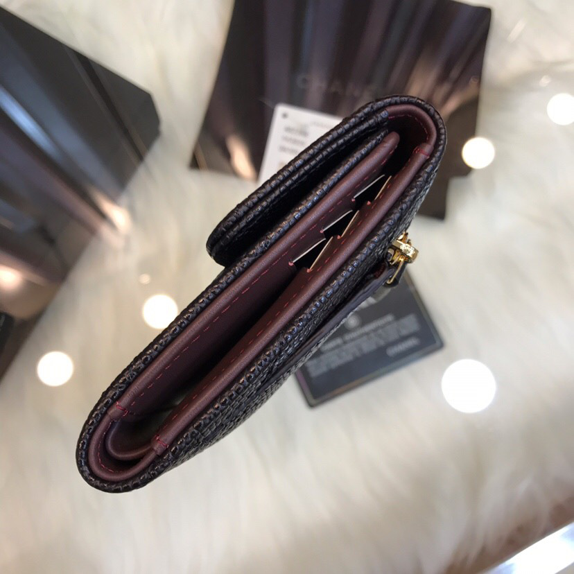 Ch**el Calfskin Leather Plain Folding Black Wallets with Gold Hardware