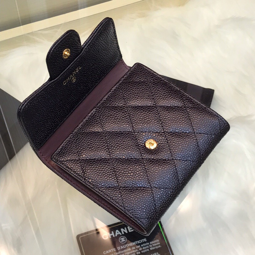 Ch**el Calfskin Leather Plain Folding Black Wallets with Gold Hardware