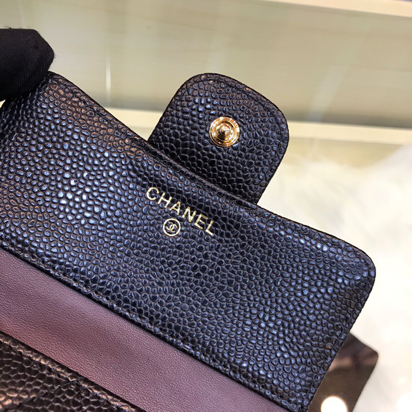 Ch**el Calfskin Leather Plain Folding Black Wallets with Gold Hardware