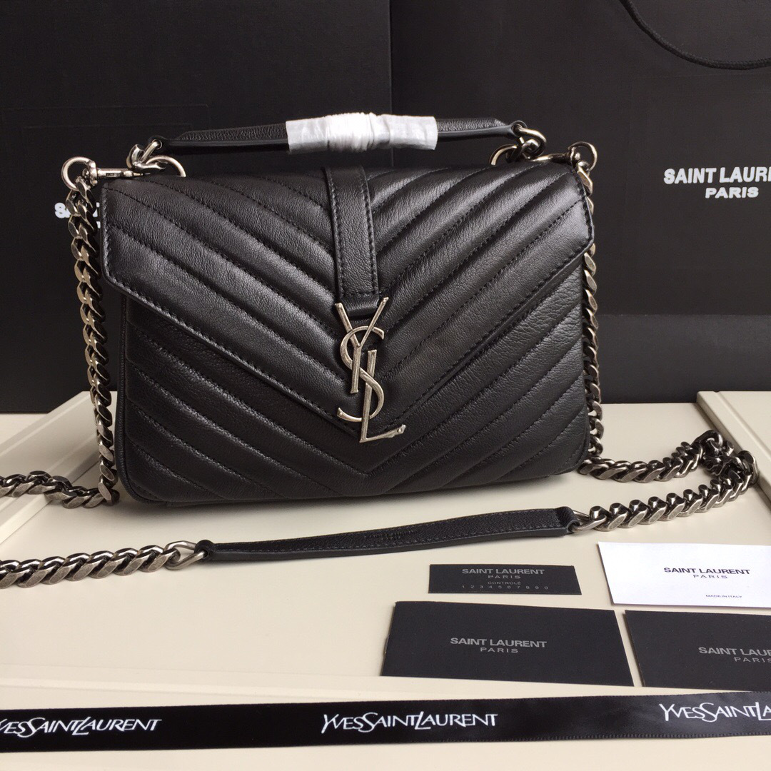 Y51 Monogram College Black Medium Bag with Silver Hardware 24cm