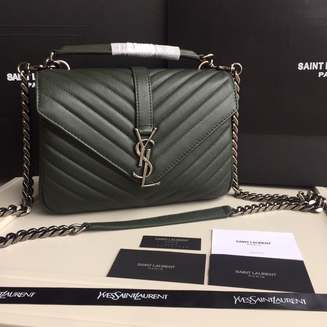Y51 Monogram Sa1nt Lau*nt College Dark Green Medium Bag with Silver Hardware
