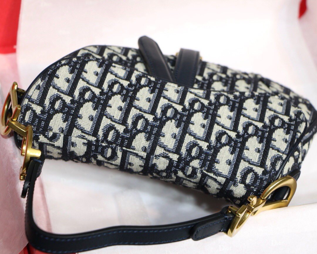 D10r Oblique Jacquard Canvas Calfskin leather Saddle Small Bag in Blue