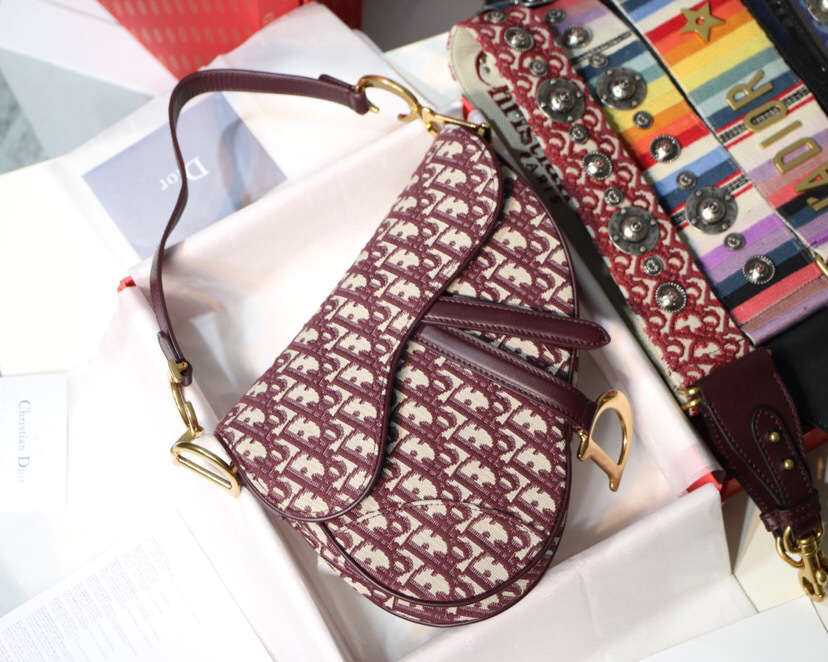 D10r Oblique Jacquard Canvas Calfskin leather Saddle Large Bag in Wine Red