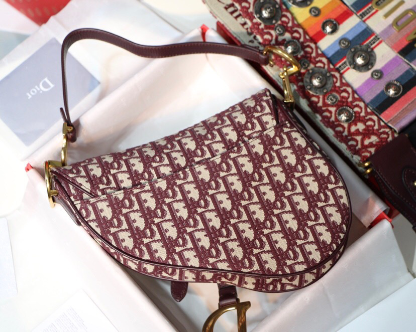 D10r Oblique Jacquard Canvas Calfskin leather Saddle Large Bag in Wine Red