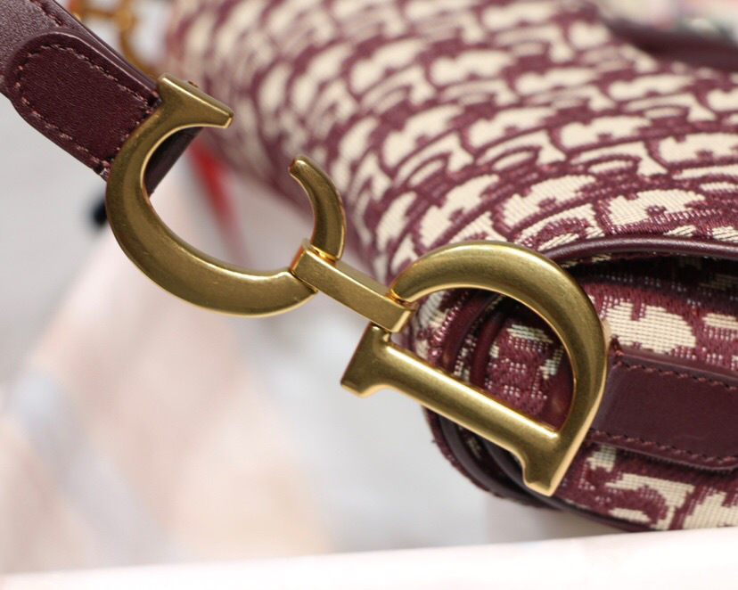 D10r Oblique Jacquard Canvas Calfskin leather Saddle Large Bag in Wine Red
