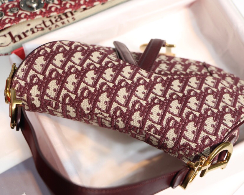 D10r Oblique Jacquard Canvas Calfskin leather Saddle Large Bag in Wine Red
