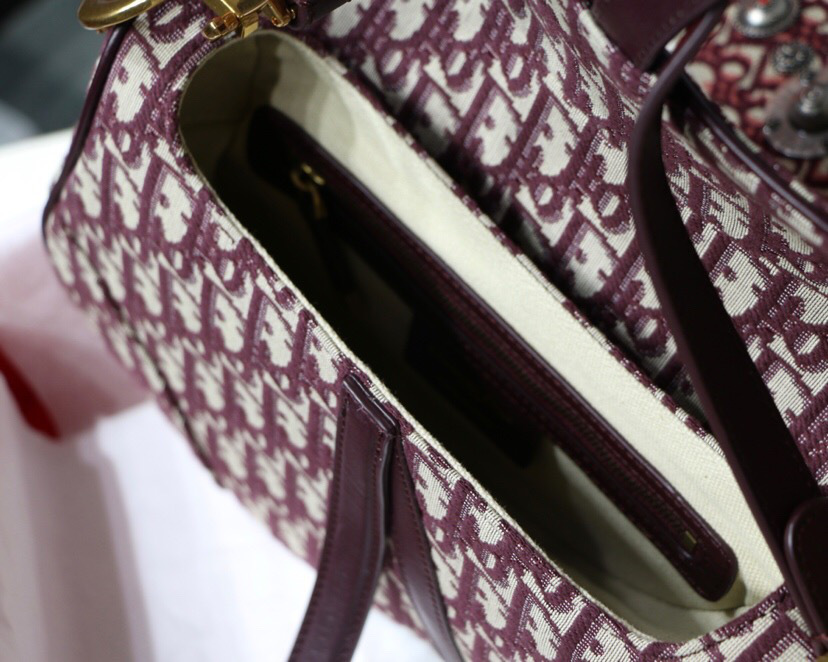 D10r Oblique Jacquard Canvas Calfskin leather Saddle Large Bag in Wine Red