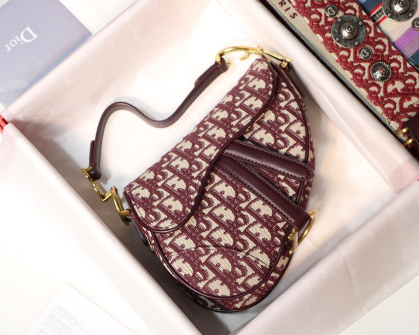 D10r Oblique Jacquard Canvas Calfskin leather Saddle Small Bag in Wine Red