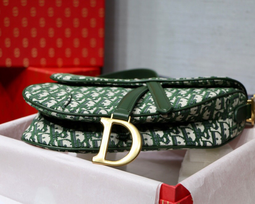 D10r Oblique Jacquard Canvas Calfskin leather Saddle Large Bag in Green