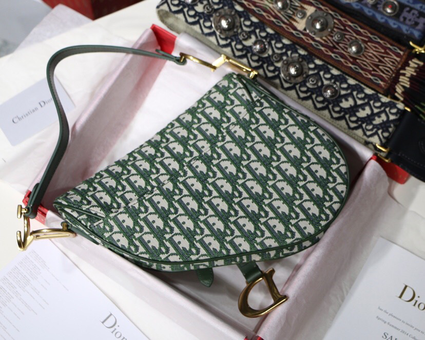 D10r Oblique Jacquard Canvas Calfskin leather Saddle Large Bag in Green
