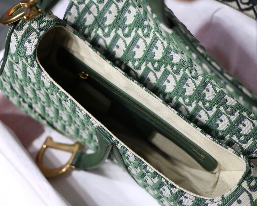 D10r Oblique Jacquard Canvas Calfskin leather Saddle Large Bag in Green