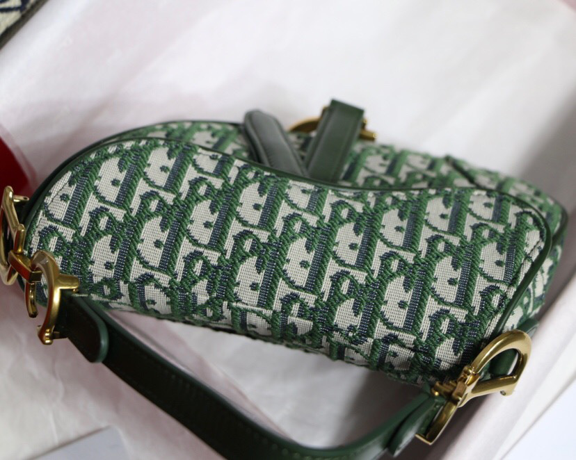 D10r Oblique Jacquard Canvas Calfskin leather Saddle Small Bag in Green