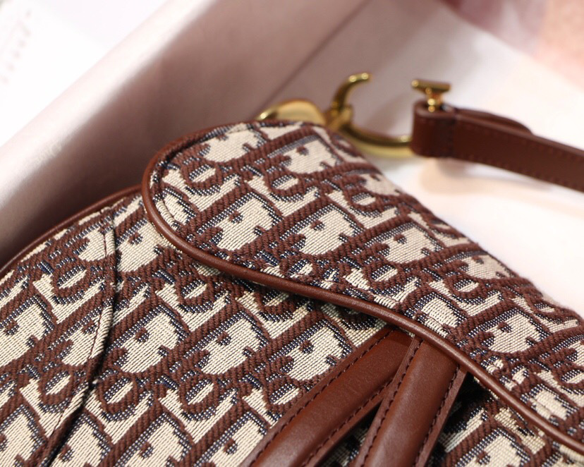 D10r Oblique Jacquard Canvas Calfskin leather Saddle Small Bag in Brown