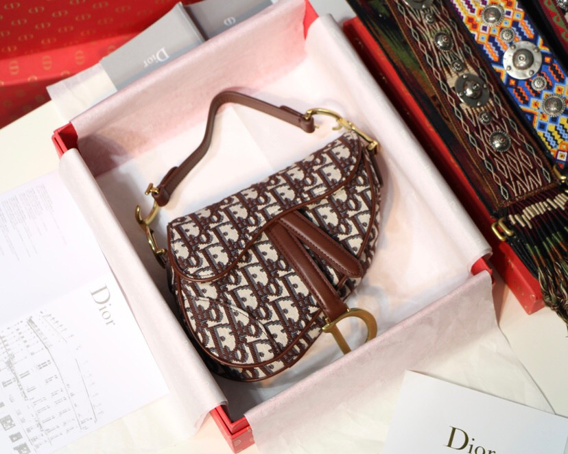 D10r Oblique Jacquard Canvas Calfskin leather Saddle Small Bag in Brown