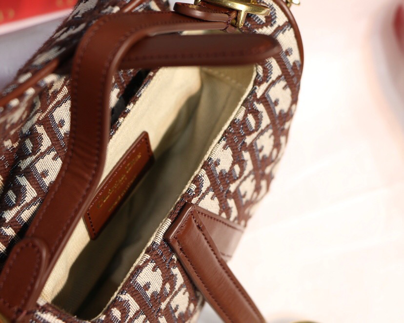 D10r Oblique Jacquard Canvas Calfskin leather Saddle Small Bag in Brown