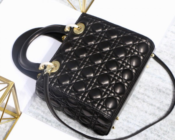 D10r Lady Black Handbag With Gold Hardware 24CM