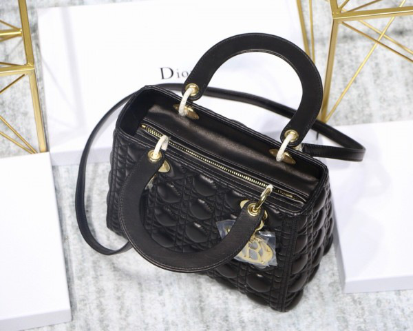D10r Lady Black Handbag With Gold Hardware 24CM